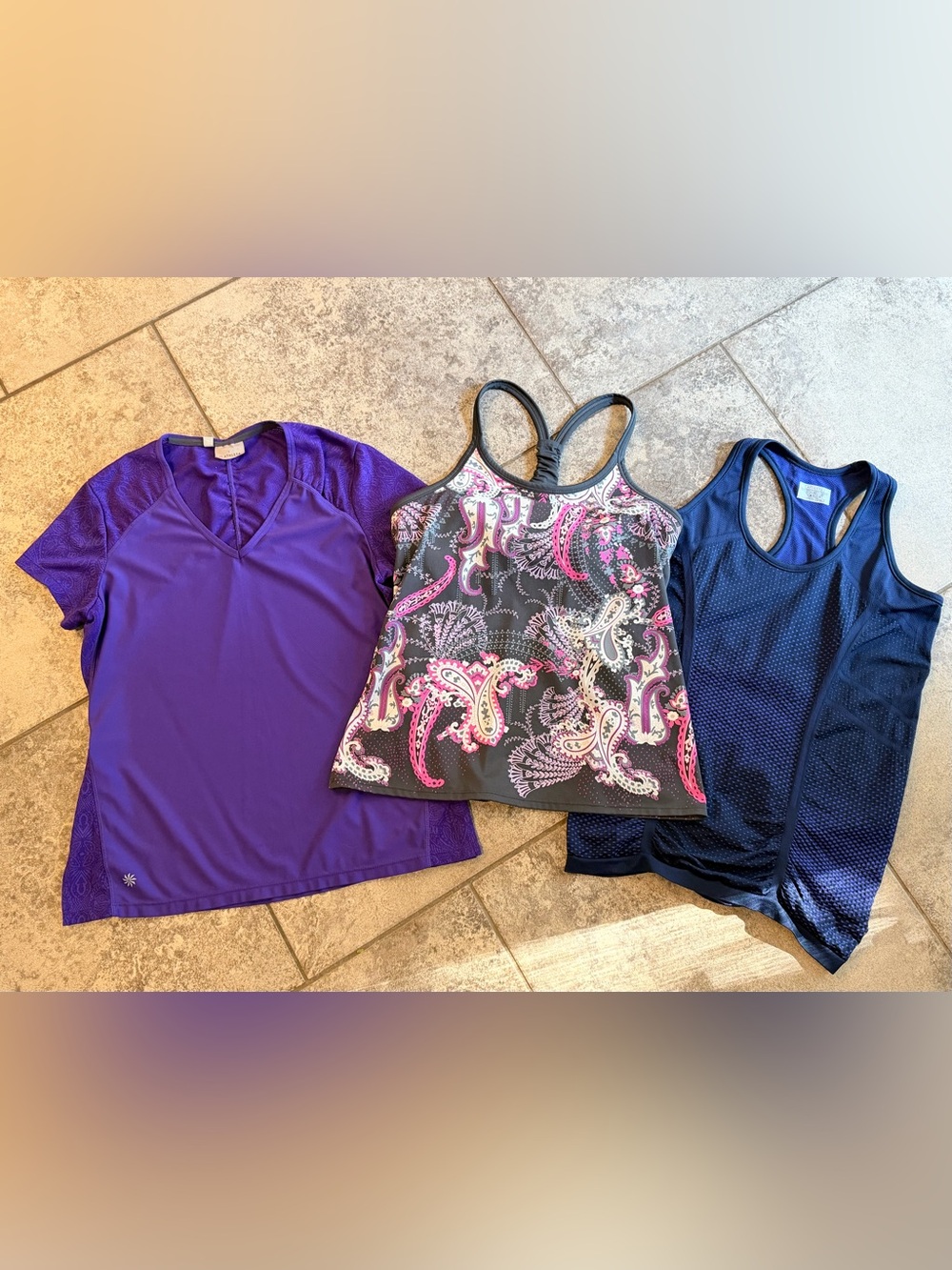 Lot of 3 ATHLETA Size Large Purple Active Yoga Sport Tops Tanks Racerback V-neck